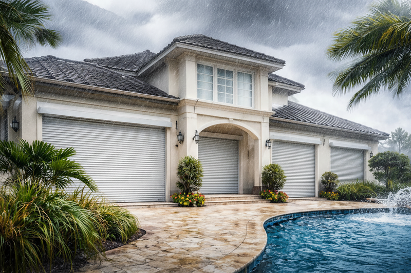 Stylish house with closed garage doors and a pool on a cloudy day
